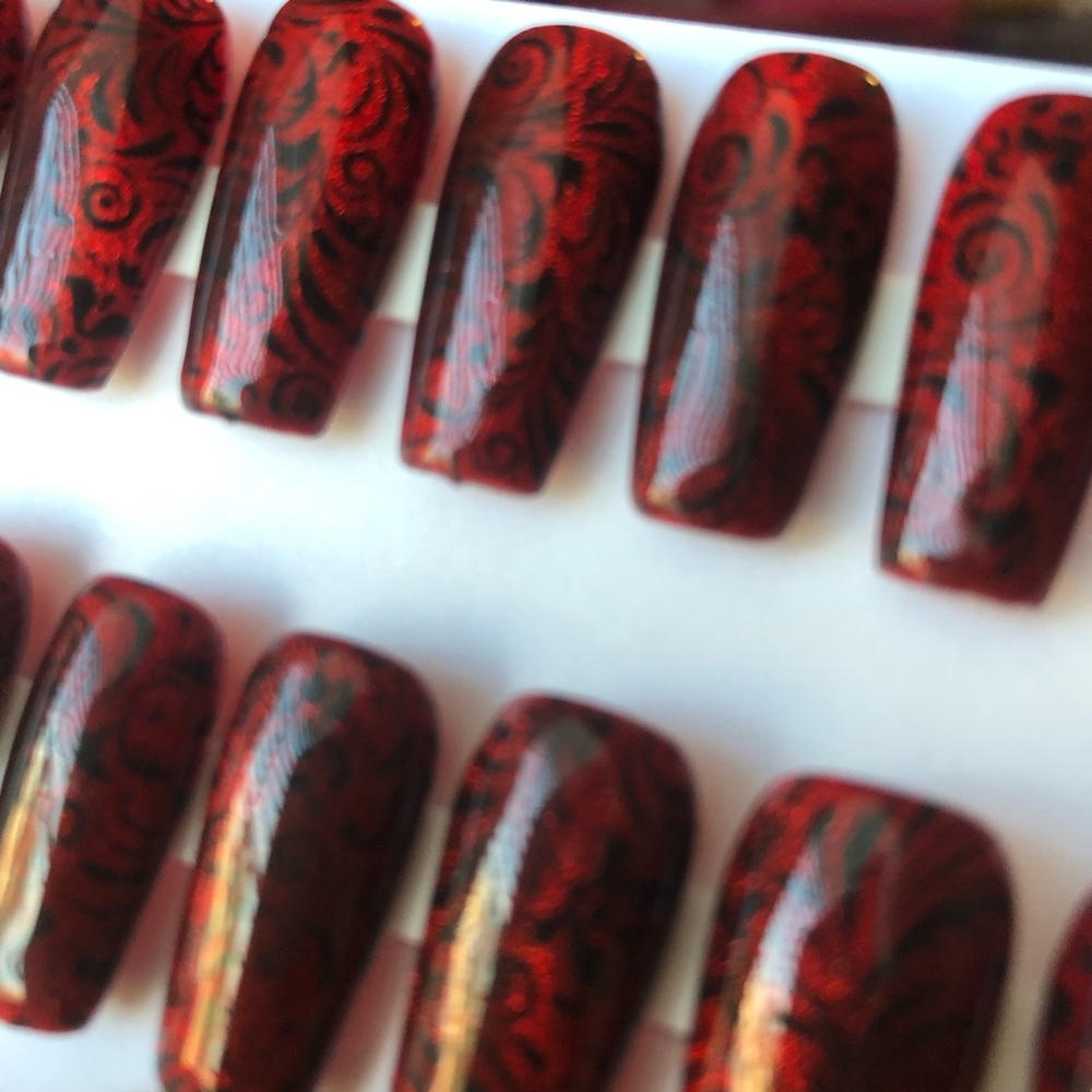 Handmade Custom Press On Nails Full Set Med Length Coffin Cateye Blood Red Black